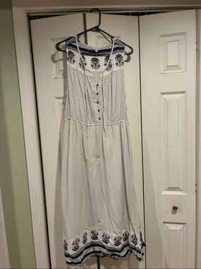 Sleeveless White Midi Dress with Navy floral and polka dots